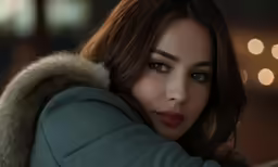 an attractive woman with big breast and a fur collar on