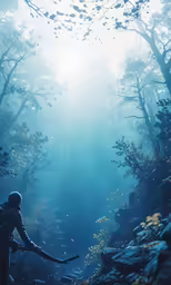 a man stands in the middle of the woods on top of a ladder