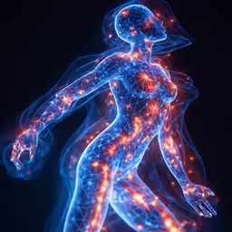 a digital illustration of a woman with red lights running