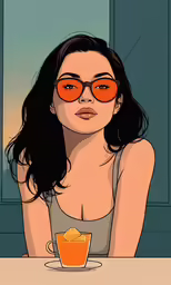 a woman sitting at a table with orange glasses