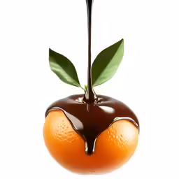 an orange that has been melted and has some leaves on it