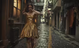 a young lady is in an old fashion street