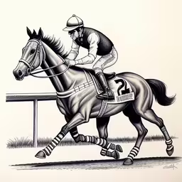 the jockey on the horse is racing down the track,a drawing of a jockey riding a horse