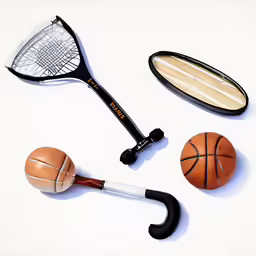 a bunch of objects that include balls and a tennis racket