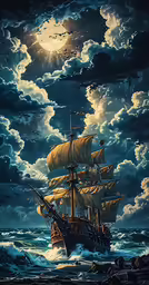 an animated pirate sailing along a rocky seashore under a cloudy sky