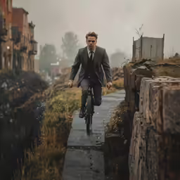 a man in a suit rides his bicycle on a path that is surrounded by burned buildings
