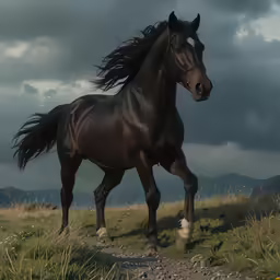 a horse is walking on a grass field