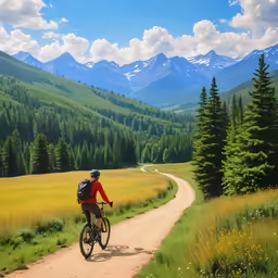 a man riding a bike on the road through a grassy mountain valley