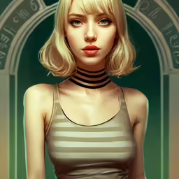 an animated woman wearing a striped top is staring into the camera