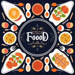 a plate of food is surrounded by plates and forks,a plate topped with vegetables and food sitting next to forks,various food with words on the top in the middle of a circle,a poster of different foods on a table,food with the word food surrounded by it
