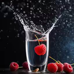 a glass filled with water and some cherries