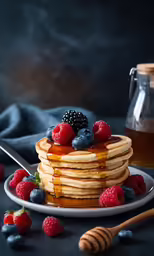 a stack of pancakes with syrup, berries, and honey