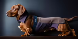 dog in grey and blue shirt standing next to dark wall