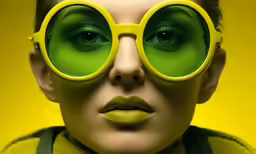 a close up of a woman wearing round, plastic shades