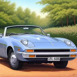 a blue sports car sitting in front of trees,a painting of a blue and silver sports car