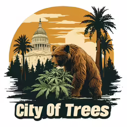 the city of trees poster depicts a bear holding a plant