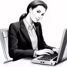 woman in black suit and tie working on her laptop