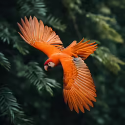 a large parrot flying through a forest filled with leaves