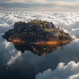 a small island surrounded by clouds in the middle of the day