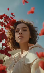a woman wearing a white blouse near some red flowers