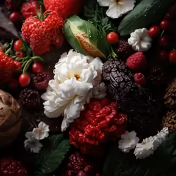 berries, raspberries, and other flowers decorate the surface