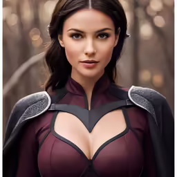 a woman in a dark knight costume standing next to trees