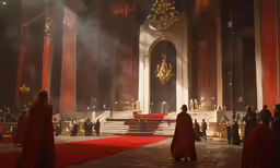a red carpet and a large room with some people walking around