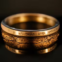a gold wedding ring engraved with four names on it