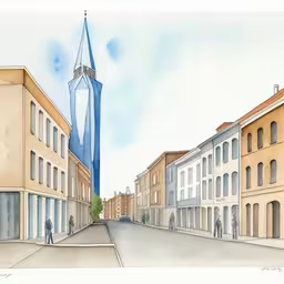 watercolor sketch of a street scene with tall buildings,a drawing of an urban street with buildings and a tall clock tower,a pencil drawing of a blue tall building in the distance,drawing of street in urban setting with tall building with a giant monument in the center,a drawing of a tall tower near buildings
