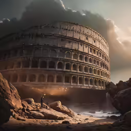 a man looks out over a cliff near a giant building