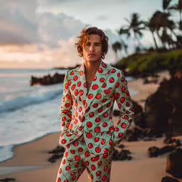 a young man in a printed suit standing on the beach at sunset,a man is standing on the beach wearing a suit and pants