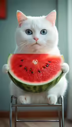 a cat sitting on a stool eating a piece of watermelon