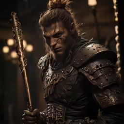a demonic looking character in armor, holding a spear and wearing a wig