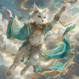 a white cat in an oriental suit is holding up its arms,a white cat is shown with a blue sash around it