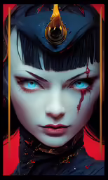 a woman with blue eyes wearing an anime inspired helmet