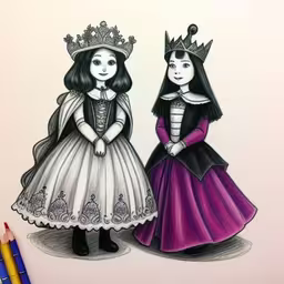 two drawing of queen and queen dolls,there are two little princesses on this page