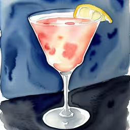 a cocktail glass with a drink and garnish on it,a watercolor illustration of a cocktail with lemon on the side