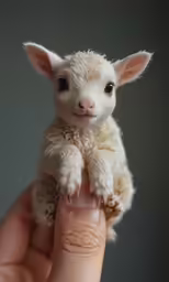small animal being held up by hand on grey background