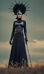 woman with unusual hat and sword posing in grassy field