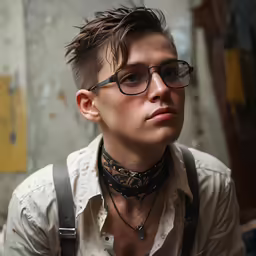 a man with short hair and eyeglasses looking to the side