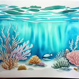 a paper cut with water, corals, and a fish,an ocean scene with fish and corals painted on a piece of paper,a painting that has different colored sea life on it,the painting shows an underwater scene, with corals, and fish,an image of a painting with blue and green water