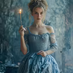 a girl in a blue dress holding a lighter