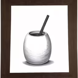 an art print with a picture frame and pencil drawing of a silver cup with a spoon inside