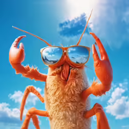 an orange animal with large legs wearing sunglasses and making a face