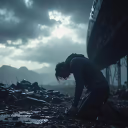 a man in black is sitting on a broken building