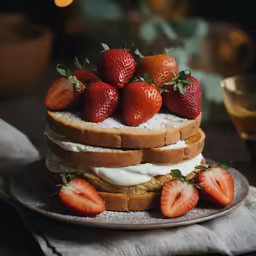 a stack of sliced and topped cakes on a plate