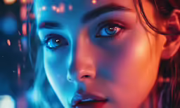 a young girl with blue eyes with bright lights in her face