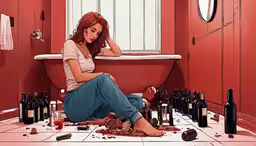 a young woman sitting on the floor of a bathroom,a woman sits in a red bathtub filled with wine