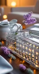 an arrangement of candles and flowers on a dining table