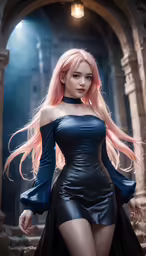 a woman with long pink hair and blue dress